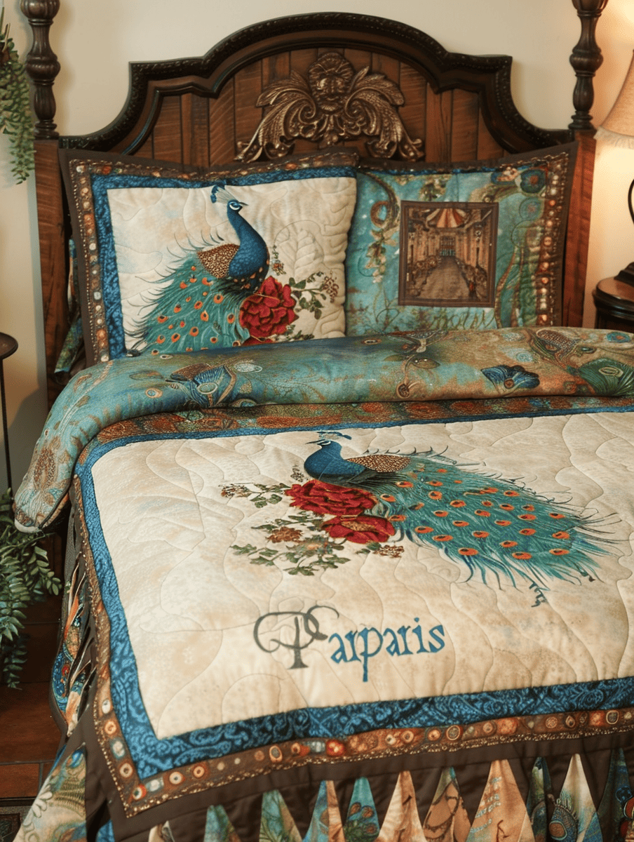 Beddings with peacock design and wooden headboard