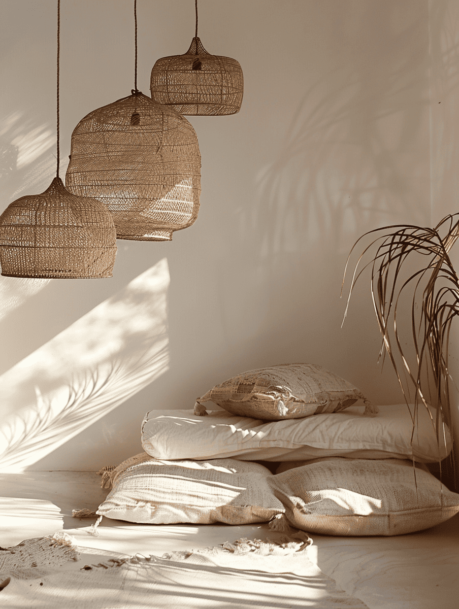 boho meditation space with rattan light fixtures casting soft shadows