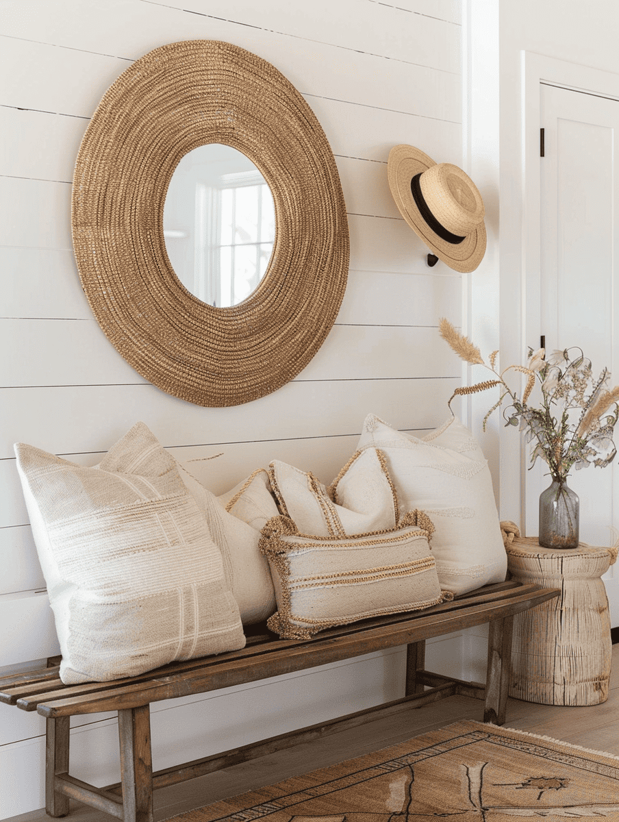 rustic boho entryway design with a rattan mirror and plush throw pillows