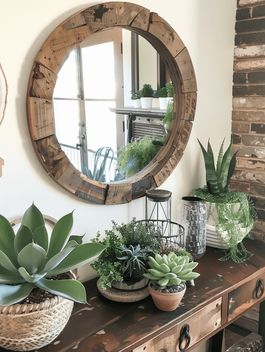 rustic boho entryway design with a reclaimed wood mirror and succulent arrangements