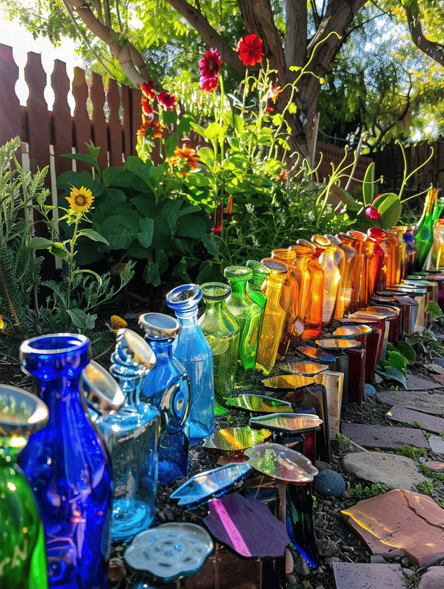 boho style backyard with recycled glass bottle garden border