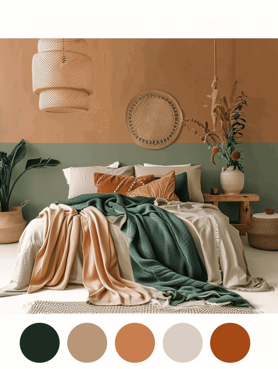 Room decor in terracotta, forest green, and sandy beige hues
