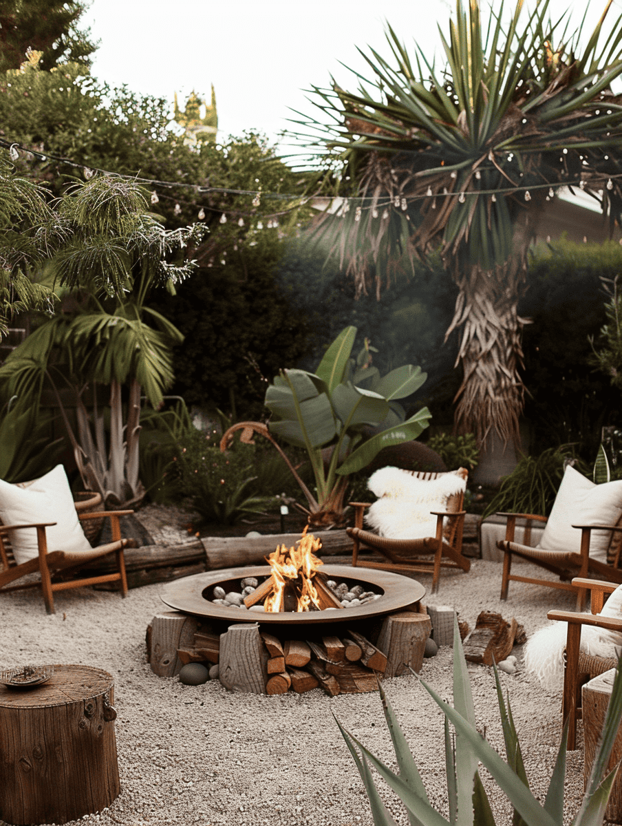 boho style backyard with rustic fire pit and mismatched chairs