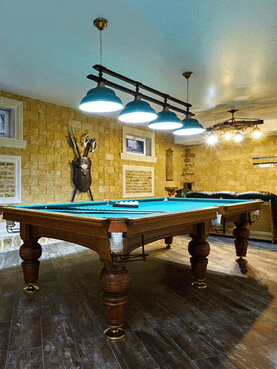 Rustic living room with brick walls and pool table