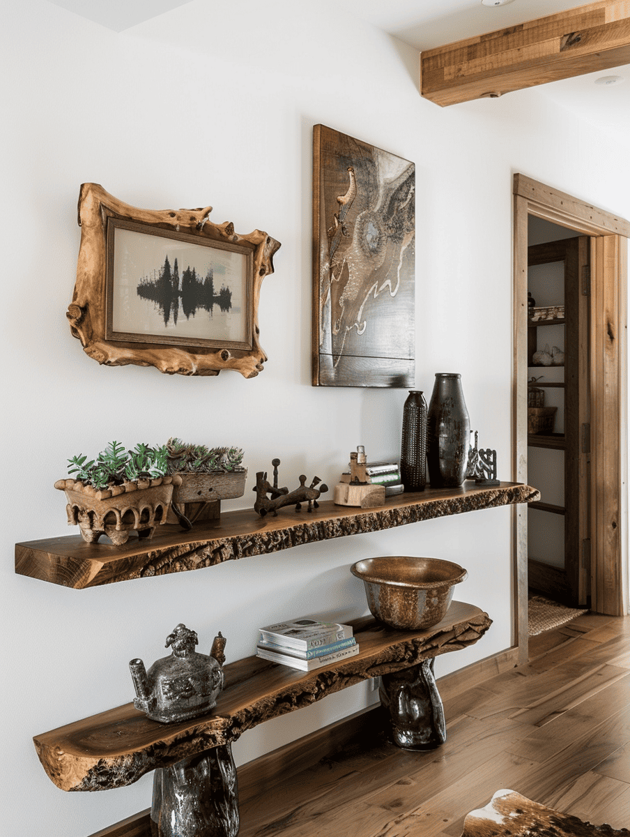 rustic boho entryway design with rustic wood shelves and eclectic knick-knacks