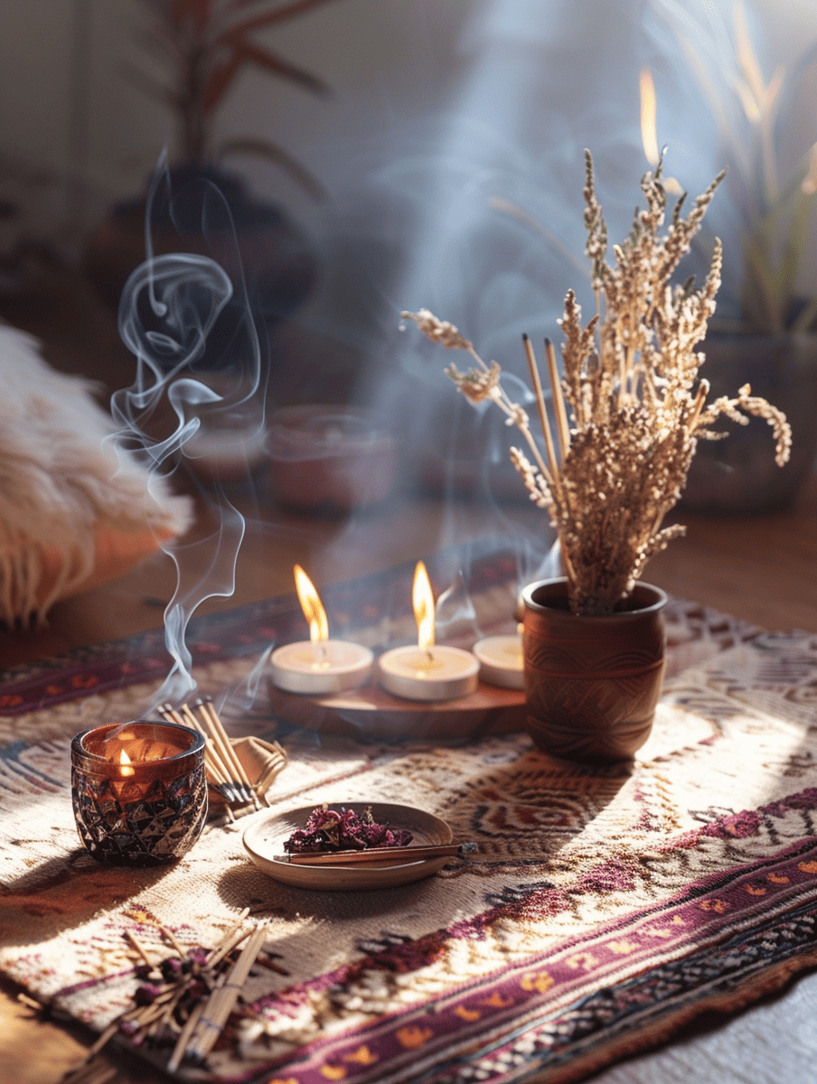 boho meditation space with scented candles and incense holders