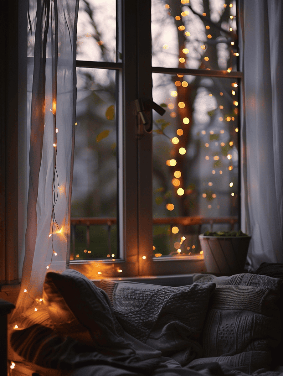 Soft glow of fairy lights draped across walls