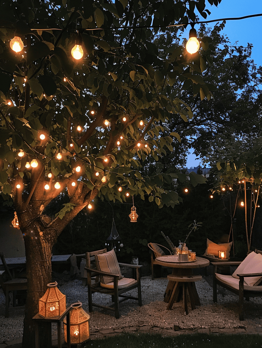 boho style backyard with string lights and lanterns for ambient lighting