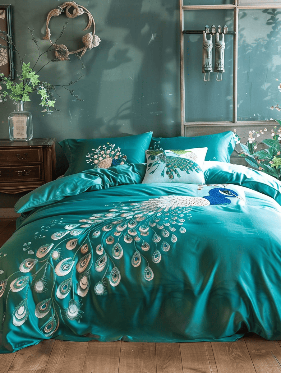 Bright teal bedroom with teal beddings and peacock design