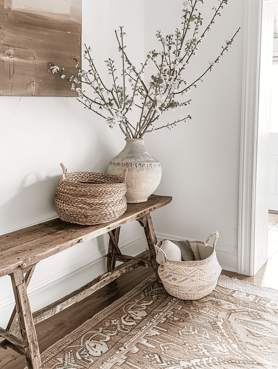 rustic boho entryway design with a vintage wooden bench and woven baskets