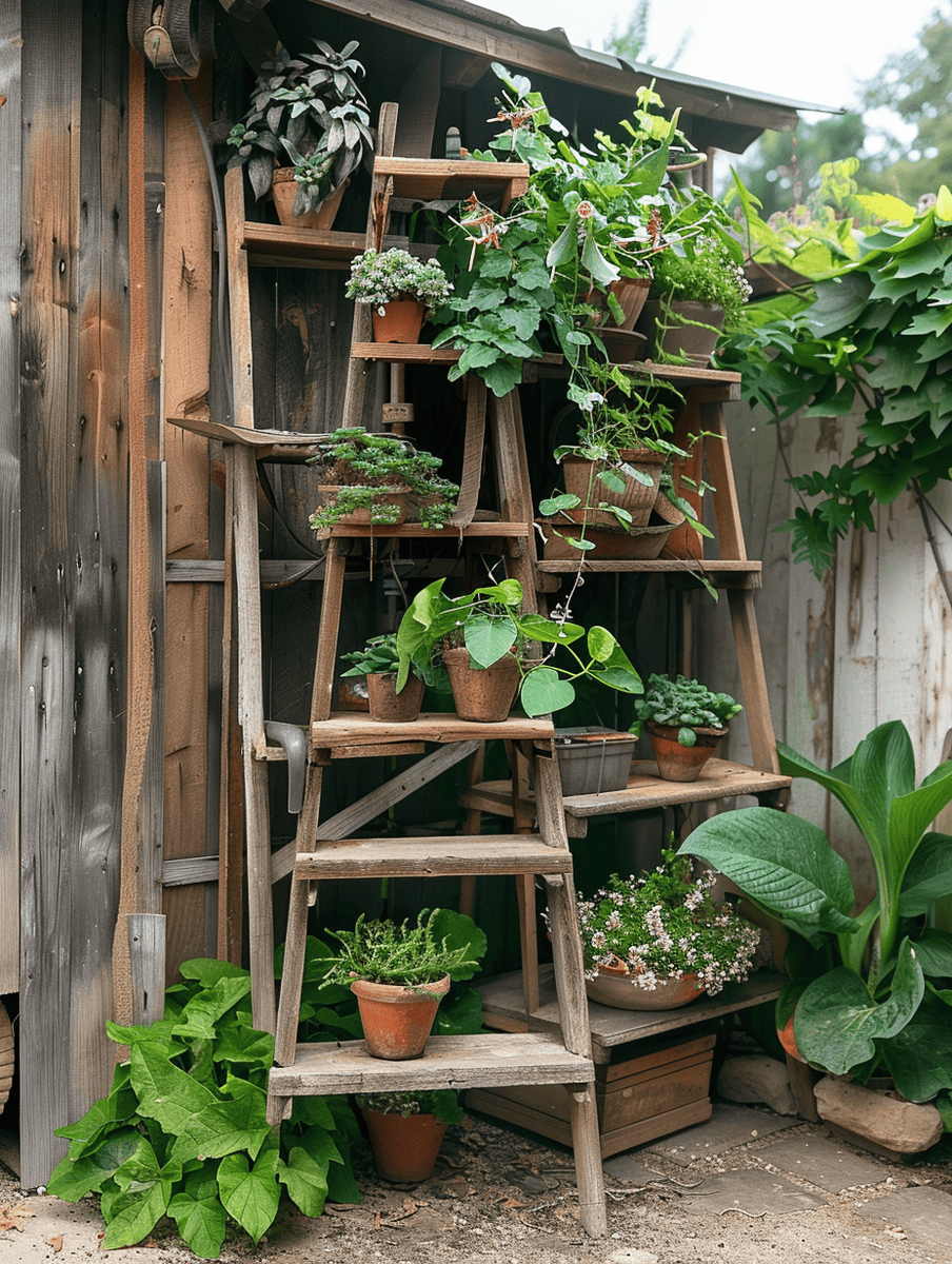 boho style backyard with vintage wooden ladder as a plant display