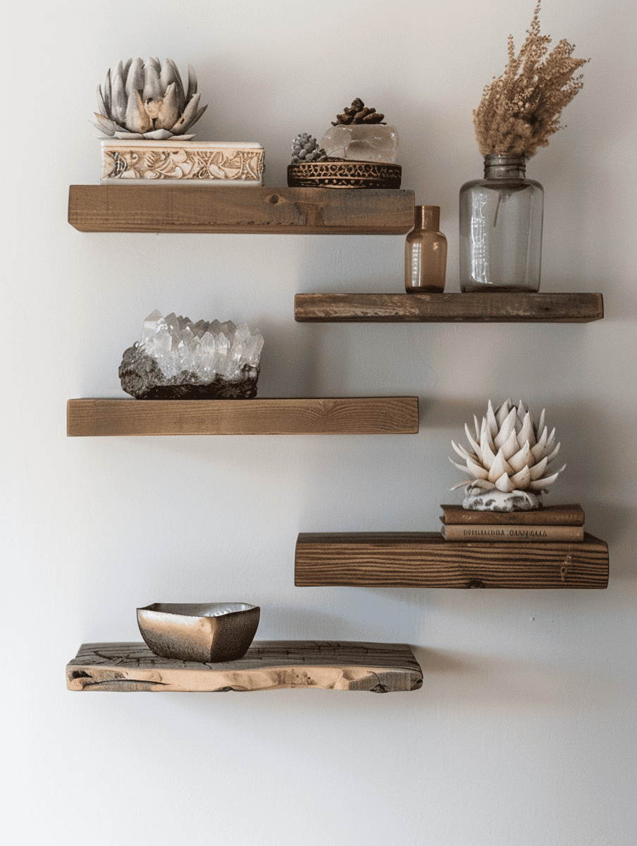 boho meditation space with wall-mounted shelves and zen ornaments
