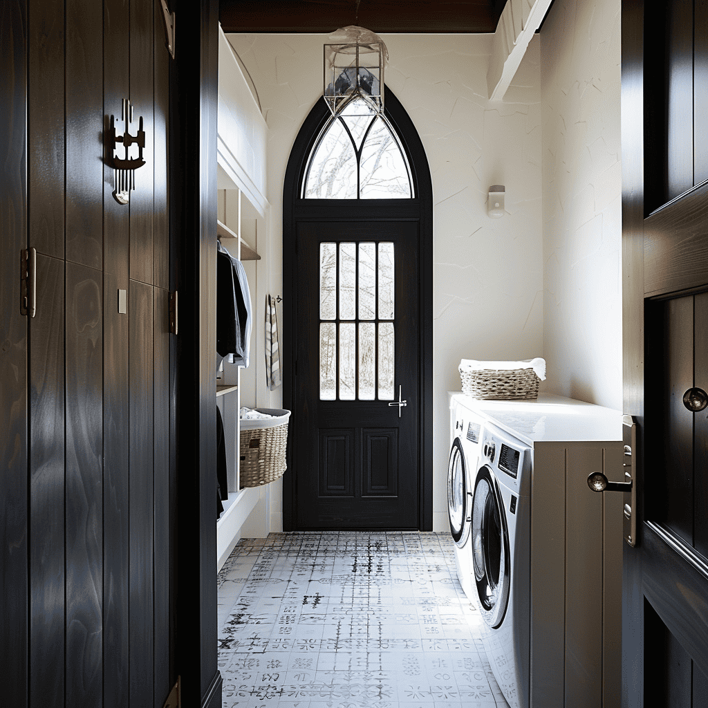 A chic laundry room with black doors, patterned floor tiles, and a clean, white countertop over the washer and dryer, illuminated by a glass pendant light.