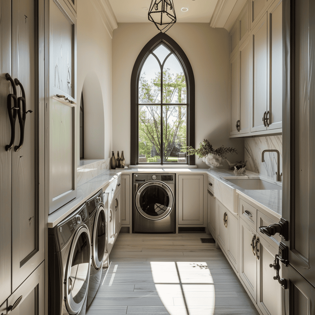 A bright and airy laundry room featuring sleek white cabinetry, front-loading machines, and a tall arched window offering a view of the greenery outside.