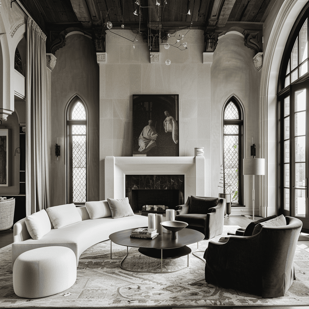 An opulent living room with western gothic architecture features, including high arched windows and a vaulted wooden ceiling, furnished with a sleek, curved white sectional sofa, complemented by modern black armchairs and a circular coffee table, all atop a textured area rug; above the fireplace hangs a large artwork depicting two figures.