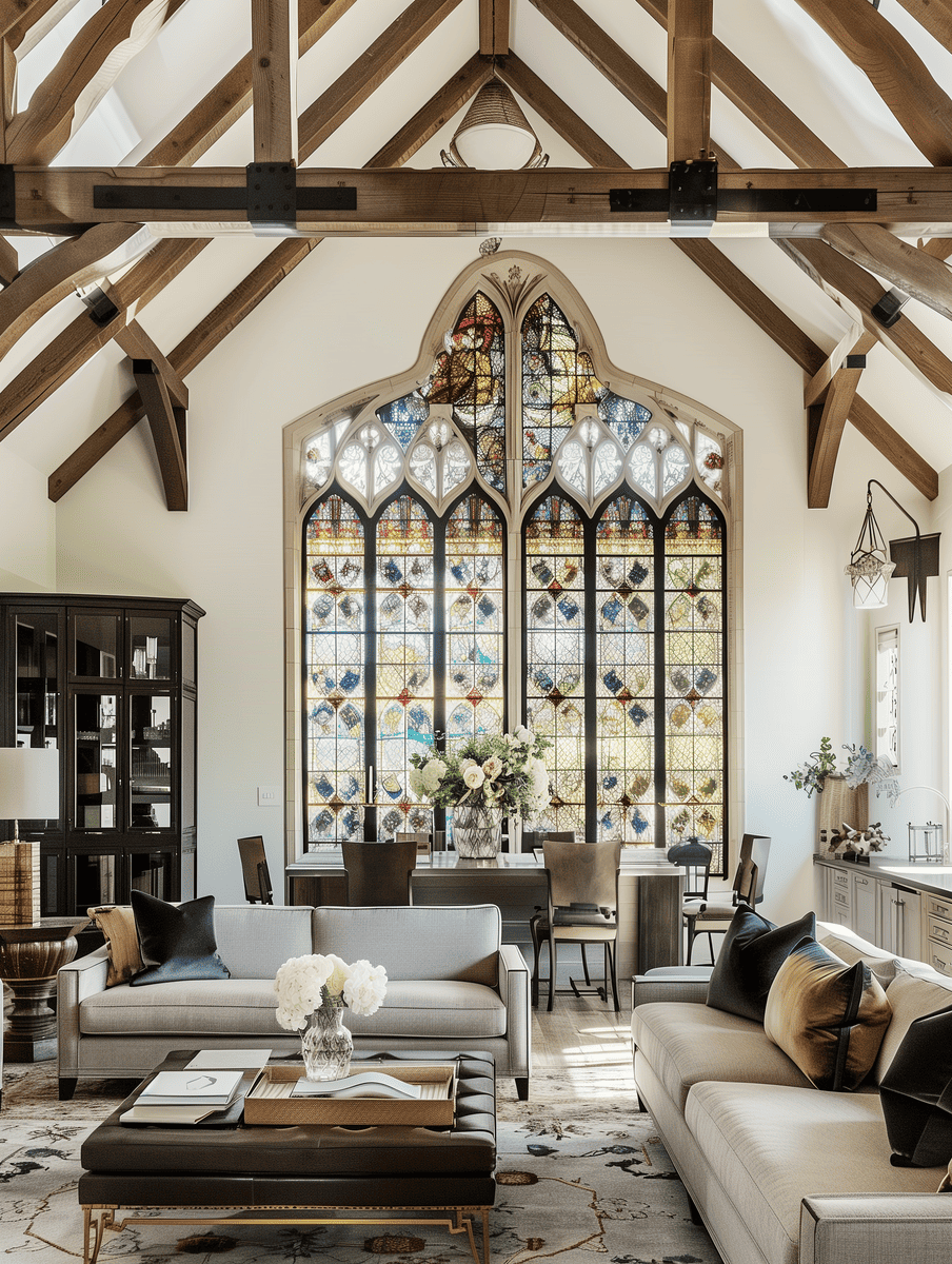 Western Gothic living room with Gothic stained glass windows and rustic wooden beams