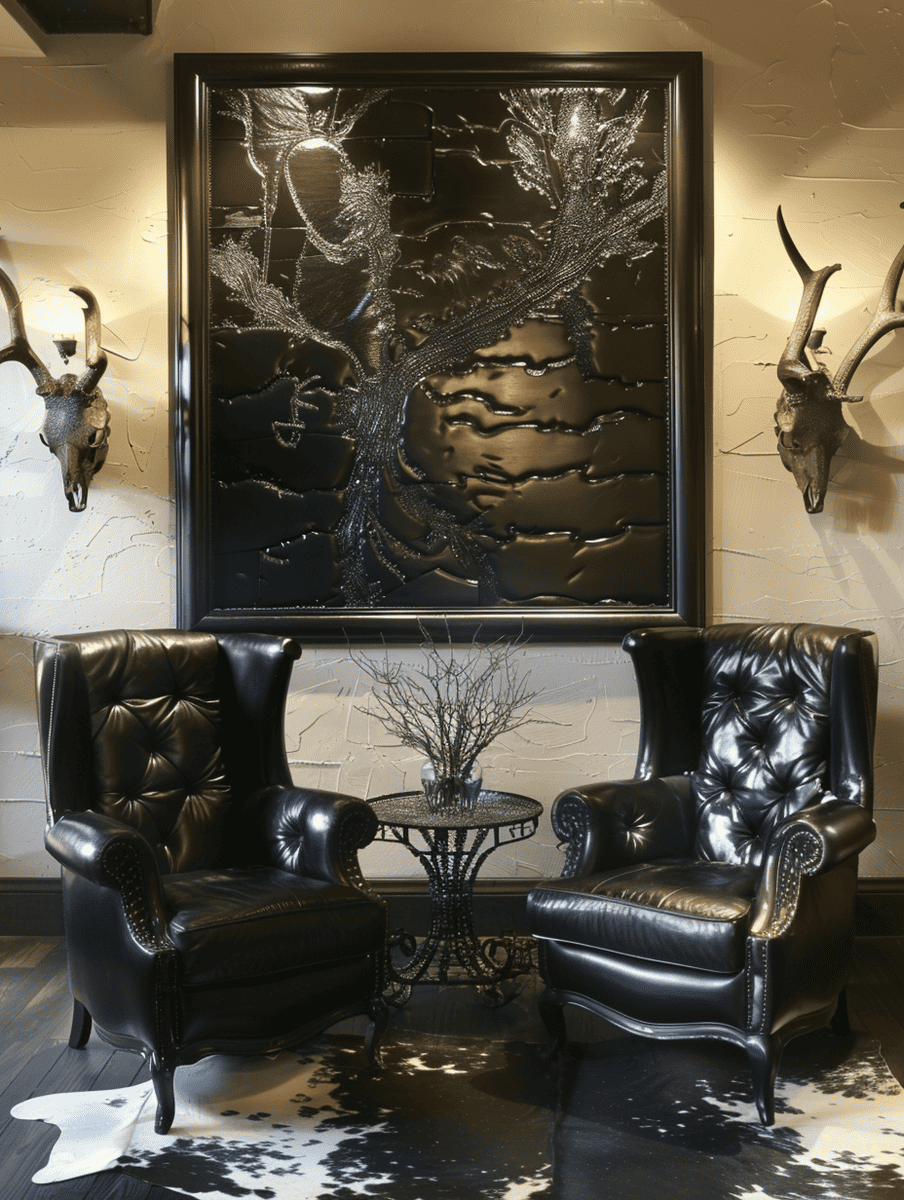 Western Gothic living room with black leather armchairs and silver Western motifs