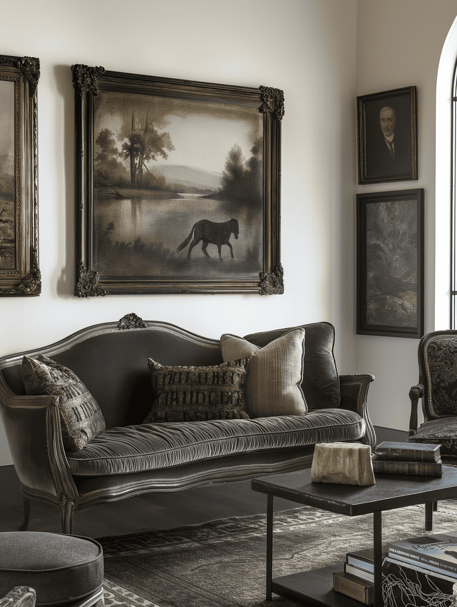 Western Gothic living room with Western landscapes in Gothic ornate frames