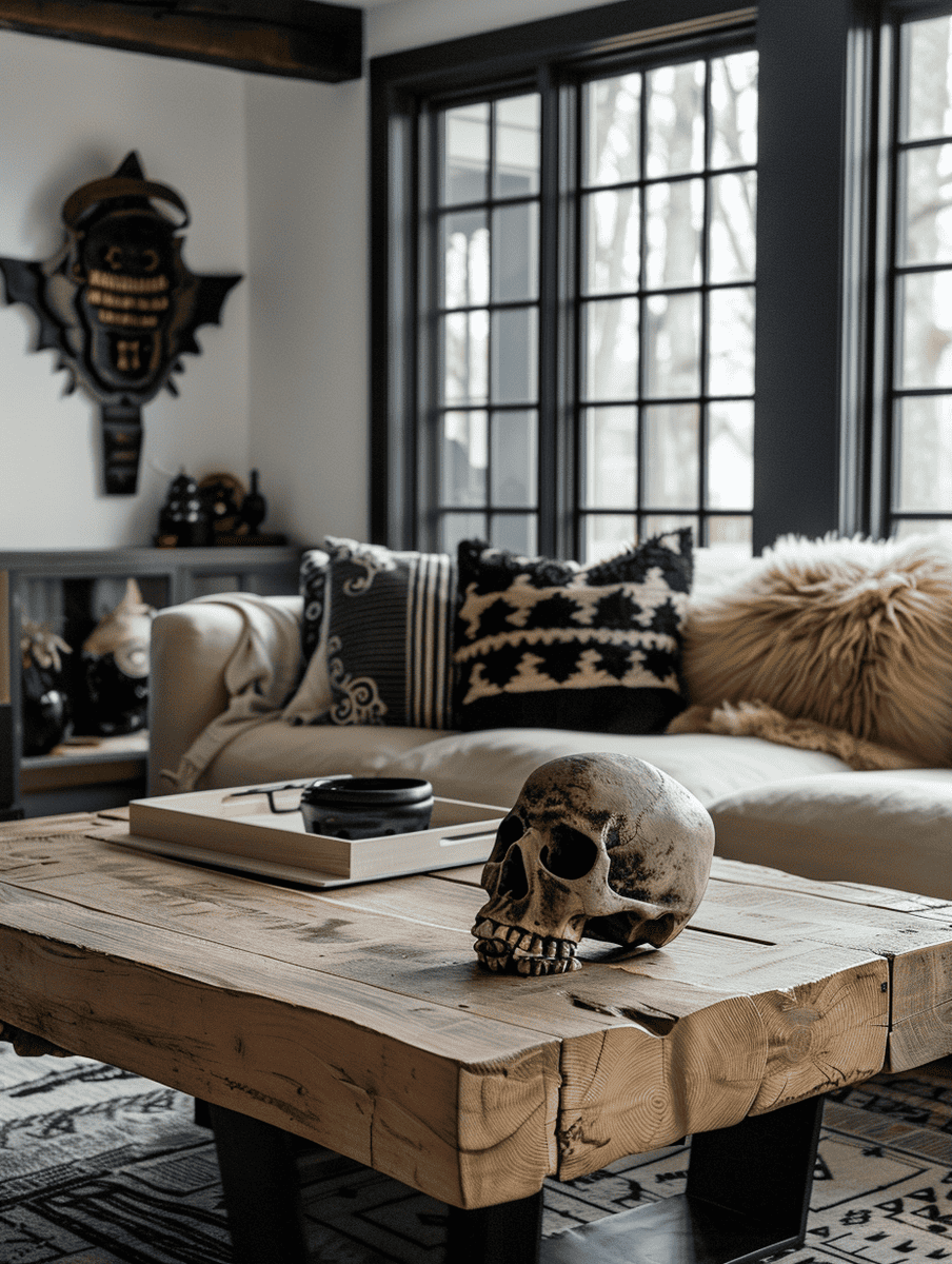 Western Gothic living room with a rustic wooden coffee table and a Gothic skull centerpiece