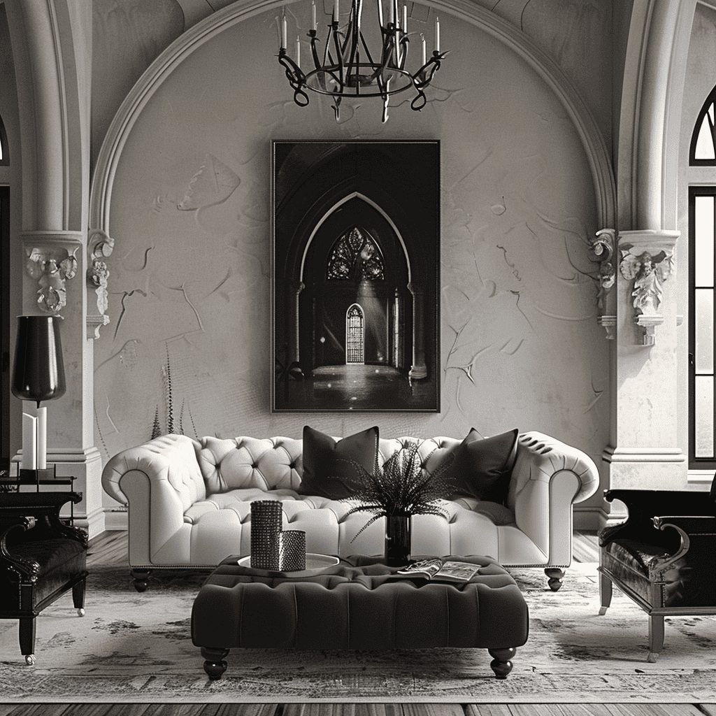 A luxurious monochrome living room blending classic and modern styles, with a tufted white chesterfield sofa, elegant black accent chairs, a plush gray ottoman, and a dramatic Gothic cathedral photo over the mantel, all under an ornate chandelier. western gothic decor.