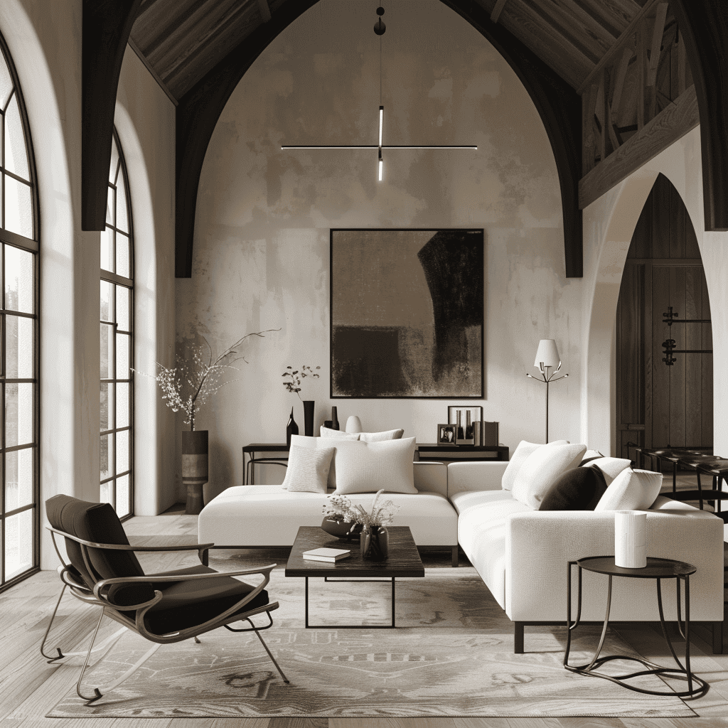 A spacious and airy living room with a high vaulted ceiling and large arched windows, featuring a minimalist white sofa, a modern black lounge chair, sleek side tables, and a large abstract painting, all unified by a soft neutral color palette. western gothic aesthetic.