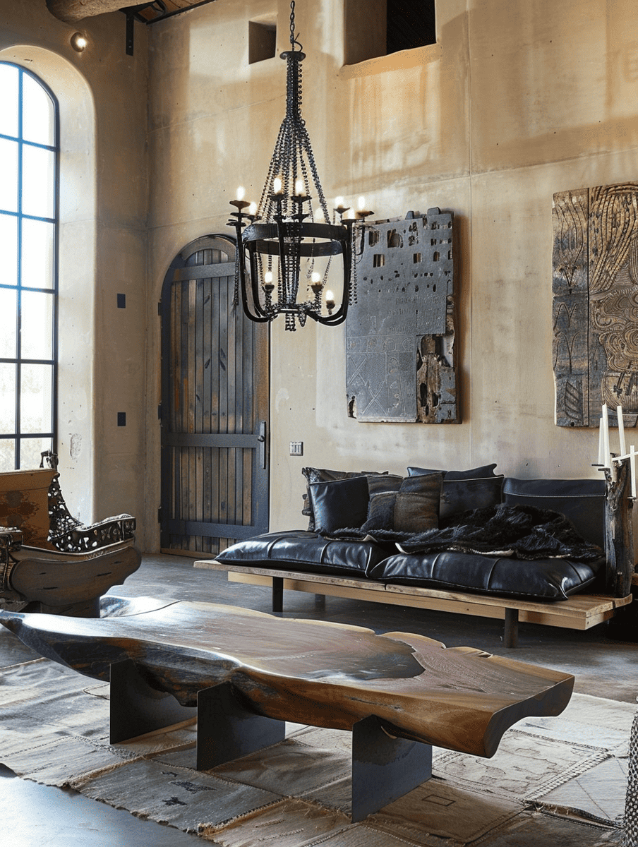 Western Gothic living room with rustic wood furniture and Gothic metal accents