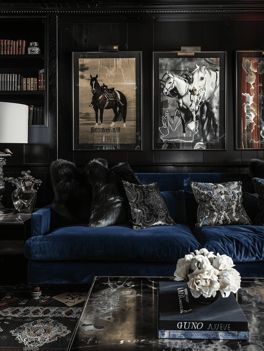Western Gothic living room with dark velvet textures and cowboy decor