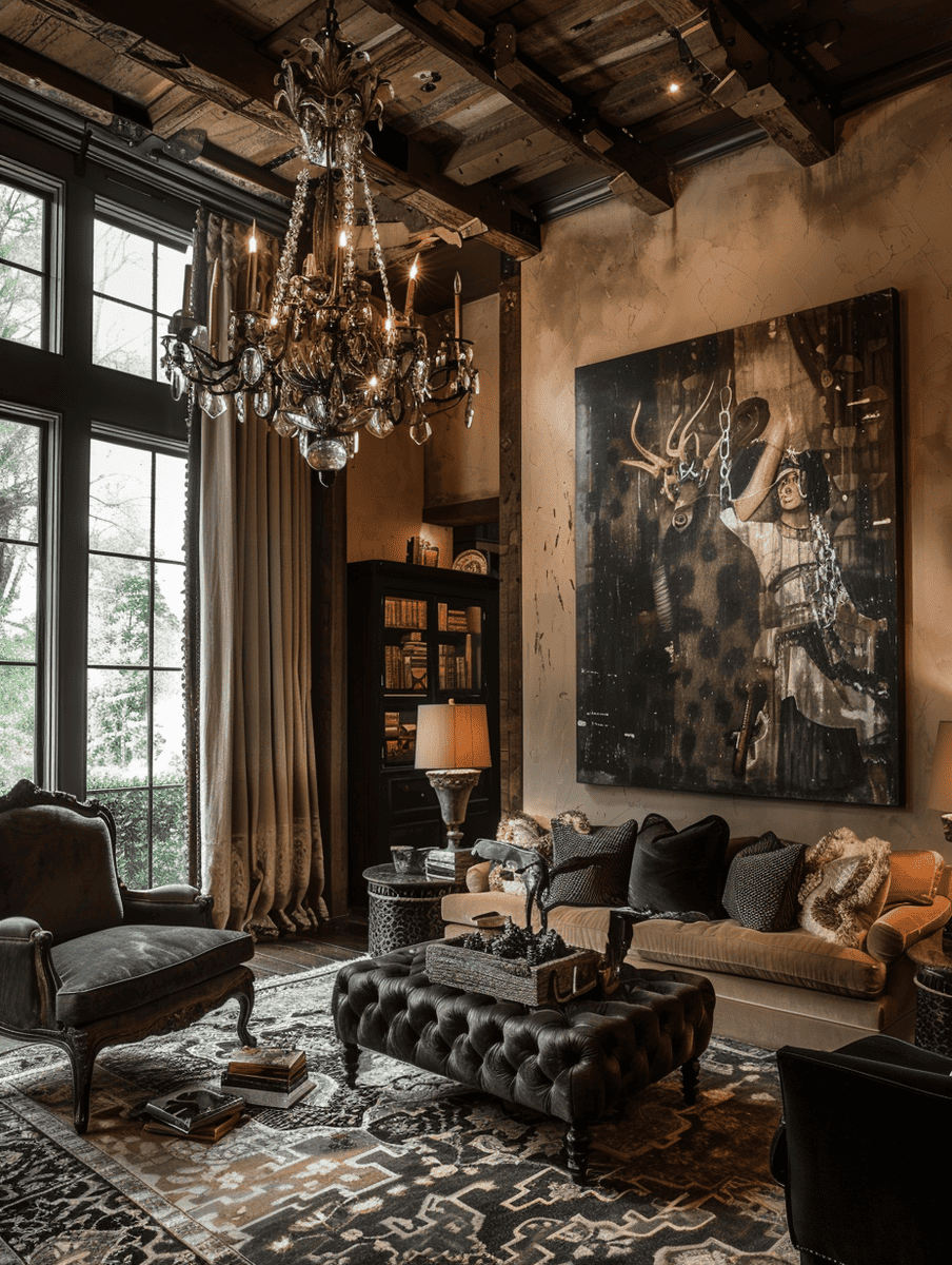 Western Gothic living room with antique Gothic chandeliers and Western art