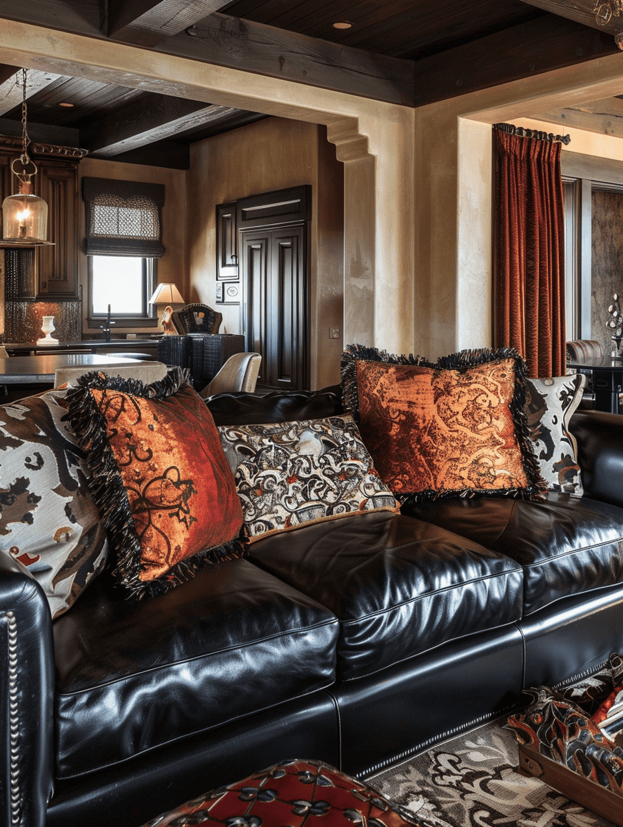 Western Gothic living room with leather sofas and Gothic patterned throw pillows