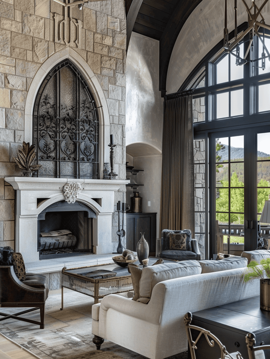 Western Gothic living room with a stone fireplace and Gothic-inspired ironwork
