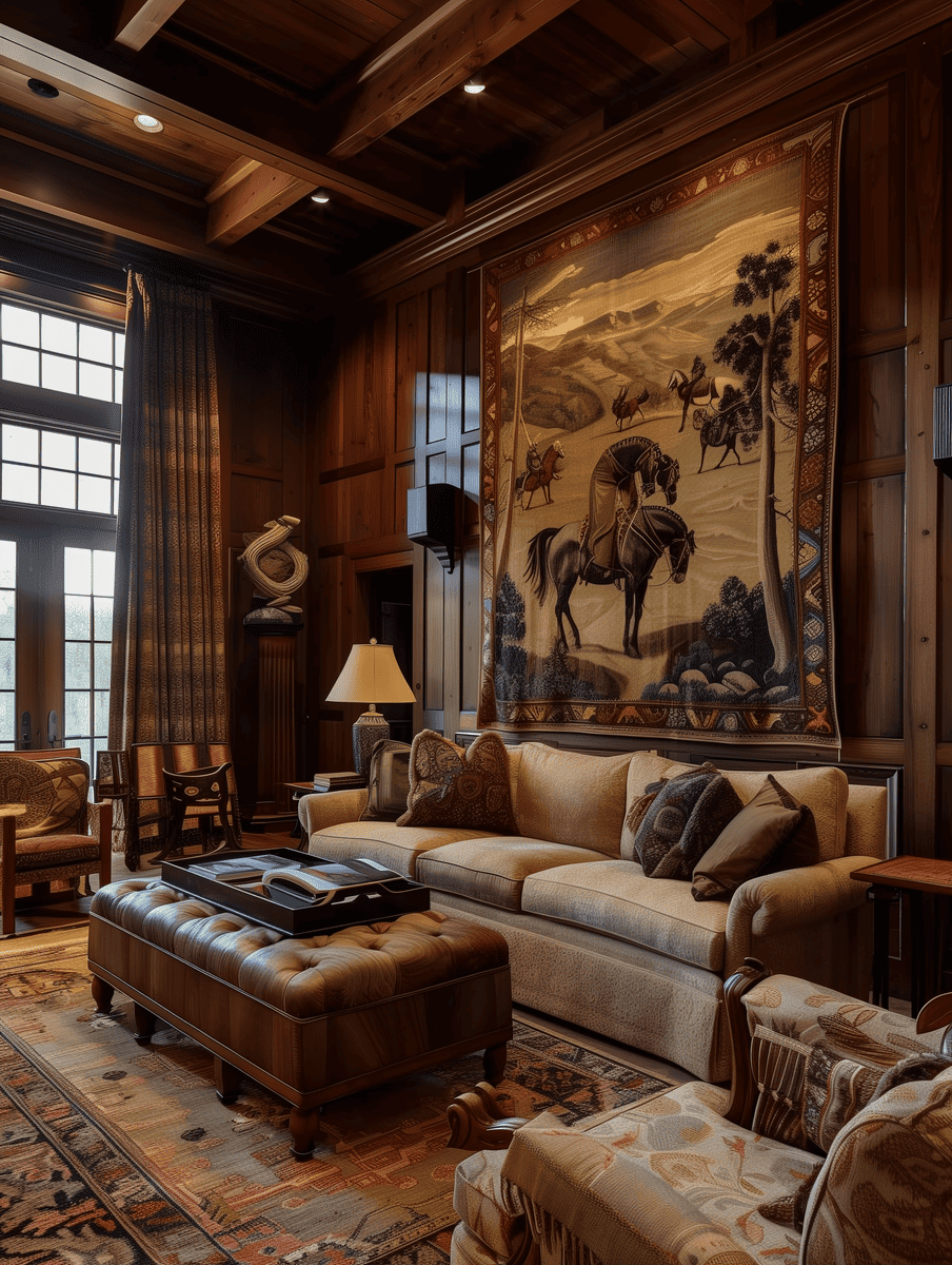 Western Gothic living room with dark wood paneling and Western tapestries