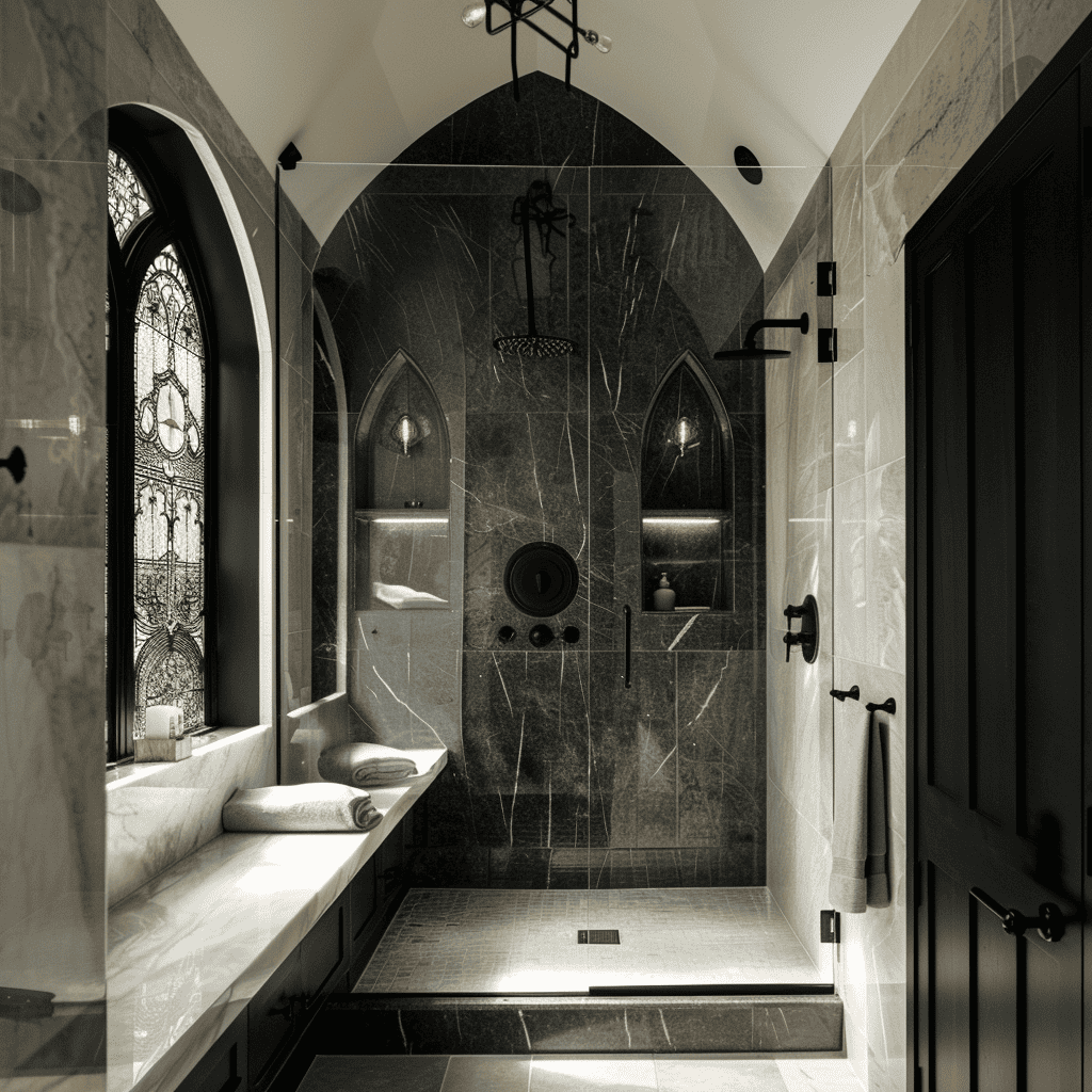 A luxurious bathroom with a dark, gothic-inspired design featuring an arched marble shower, stained glass window, and elegant black fixtures against a herringbone tile floor.