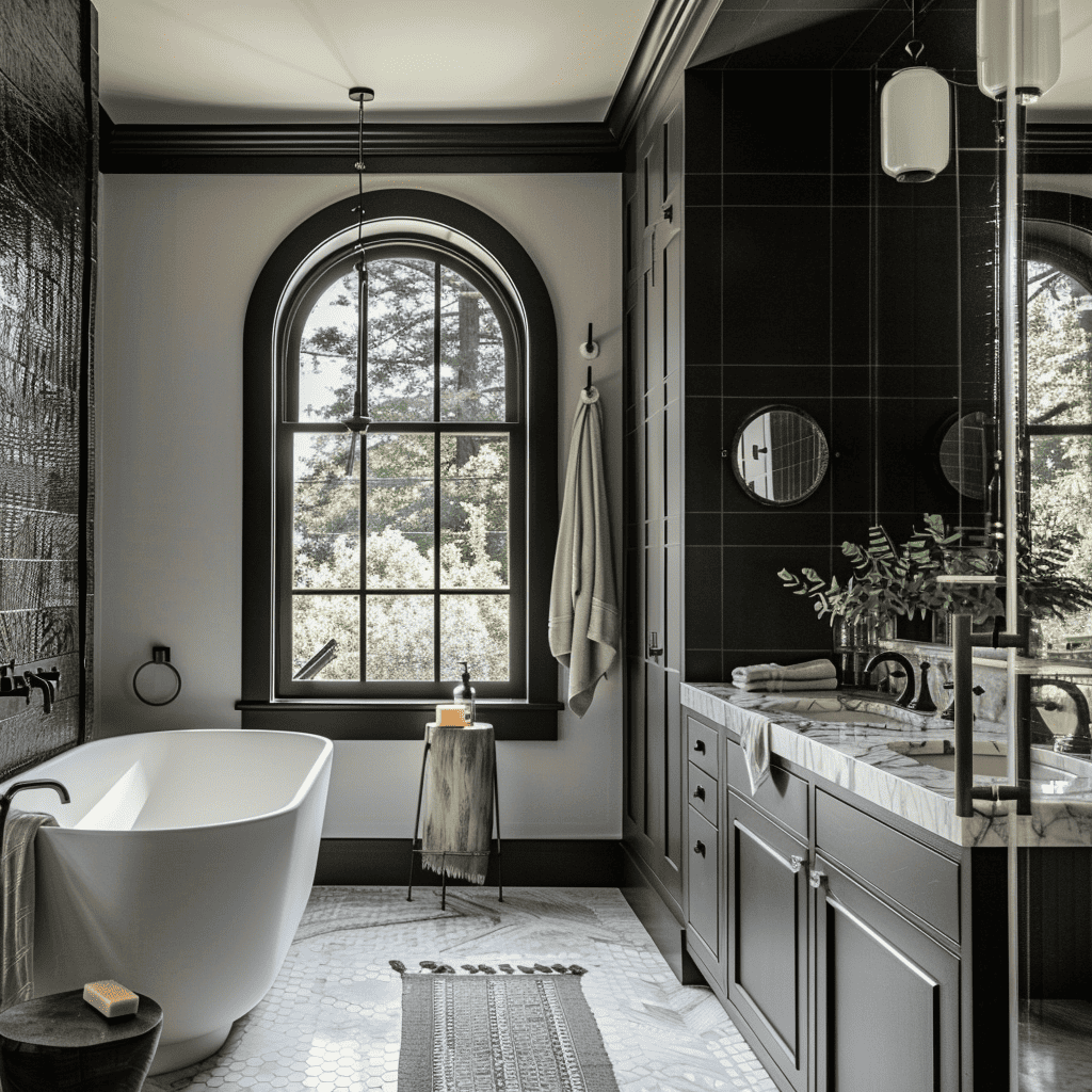 A chic and spacious bathroom with a modern black vanity, a large gothic arched window, and a freestanding bathtub, complemented by sleek fixtures and a neutral color palette.