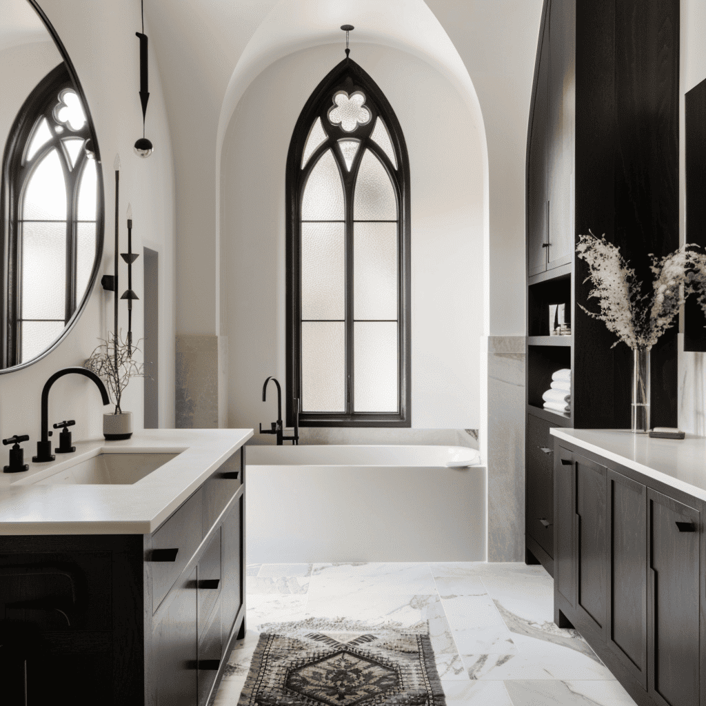 A serene bathroom featuring a minimalist white bathtub under a pointed gothic window, surrounded by light walls and wood accents, creating a tranquil space.