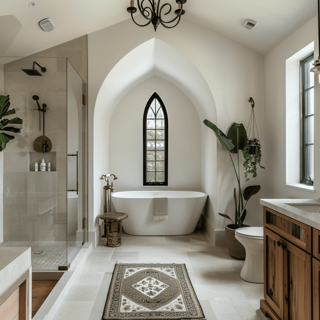 A grand bathroom with soaring gothic arches, a classic freestanding tub, ornate chandelier, and large windows that provide abundant natural light and views of the outdoors.