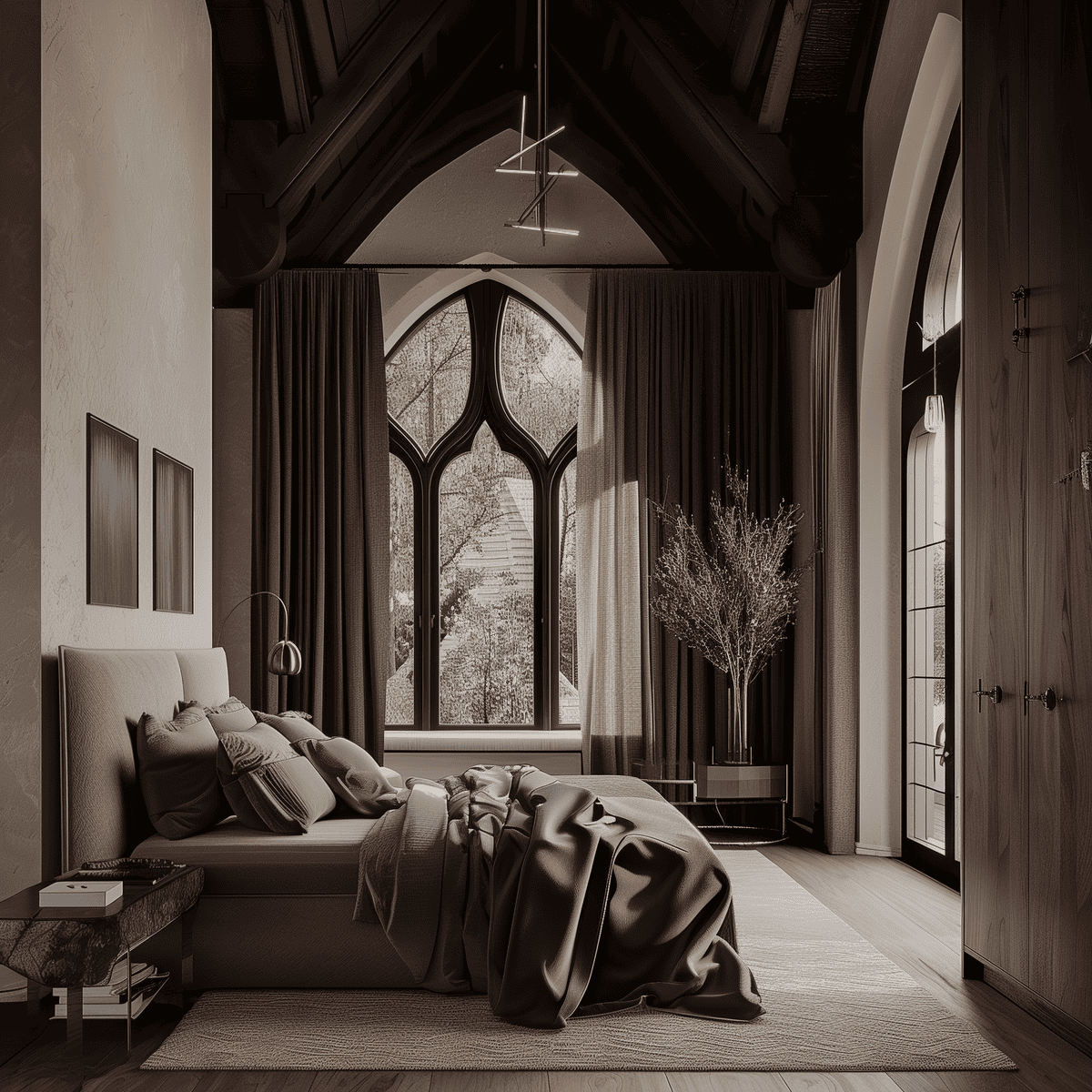 A cozy bedroom featuring a large bed with grey bedding in front of tall, pointed arch windows draped in heavy curtains, under a wooden cathedral ceiling with a modern light fixture.