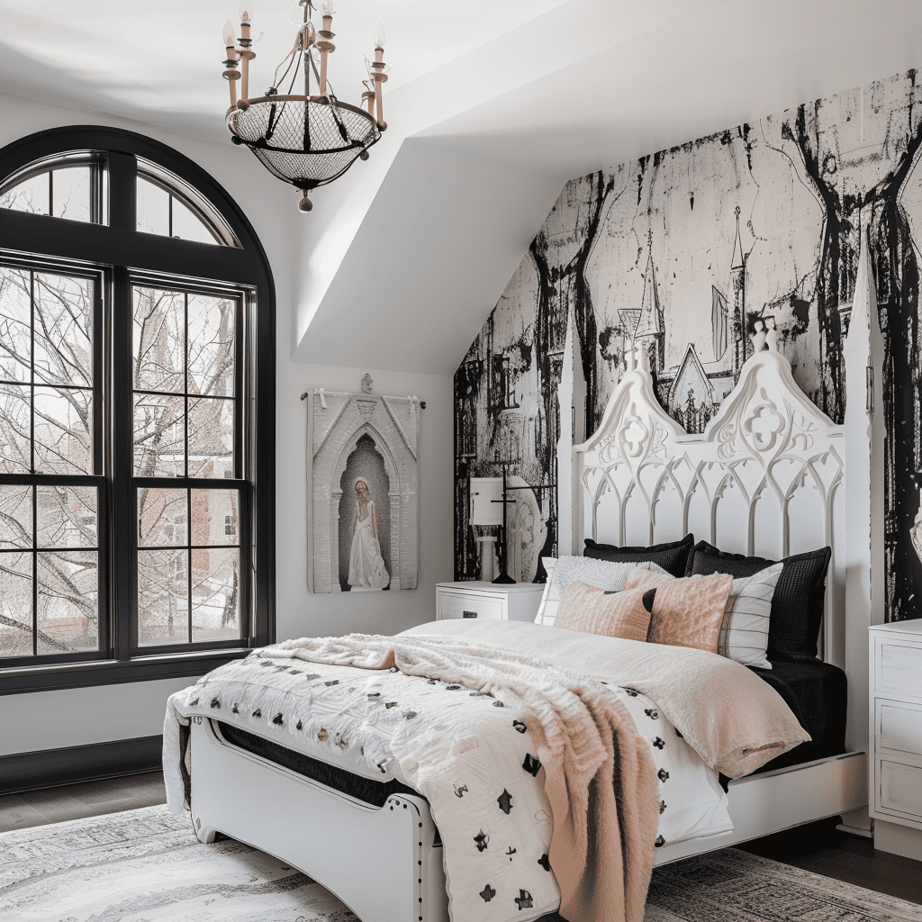 A bright bedroom with a whimsical forest wallpaper, a classic black metal bed with pink and black bedding, a gothic arched window, and a vintage chandelier.