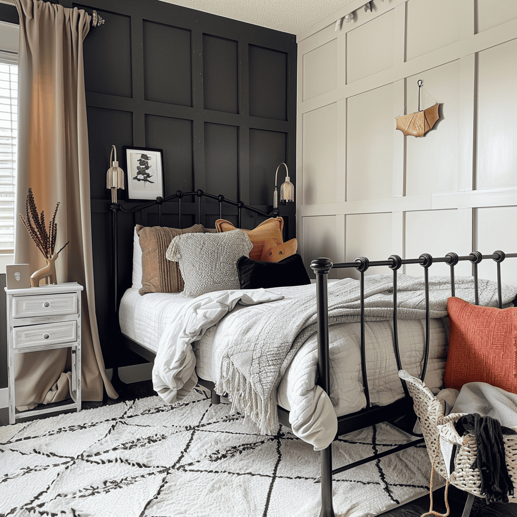 A chic bedroom with a contrasting black panel wall and white wainscoting, featuring a metal frame bed with layered bedding and colorful pillows, accented with warm lighting.