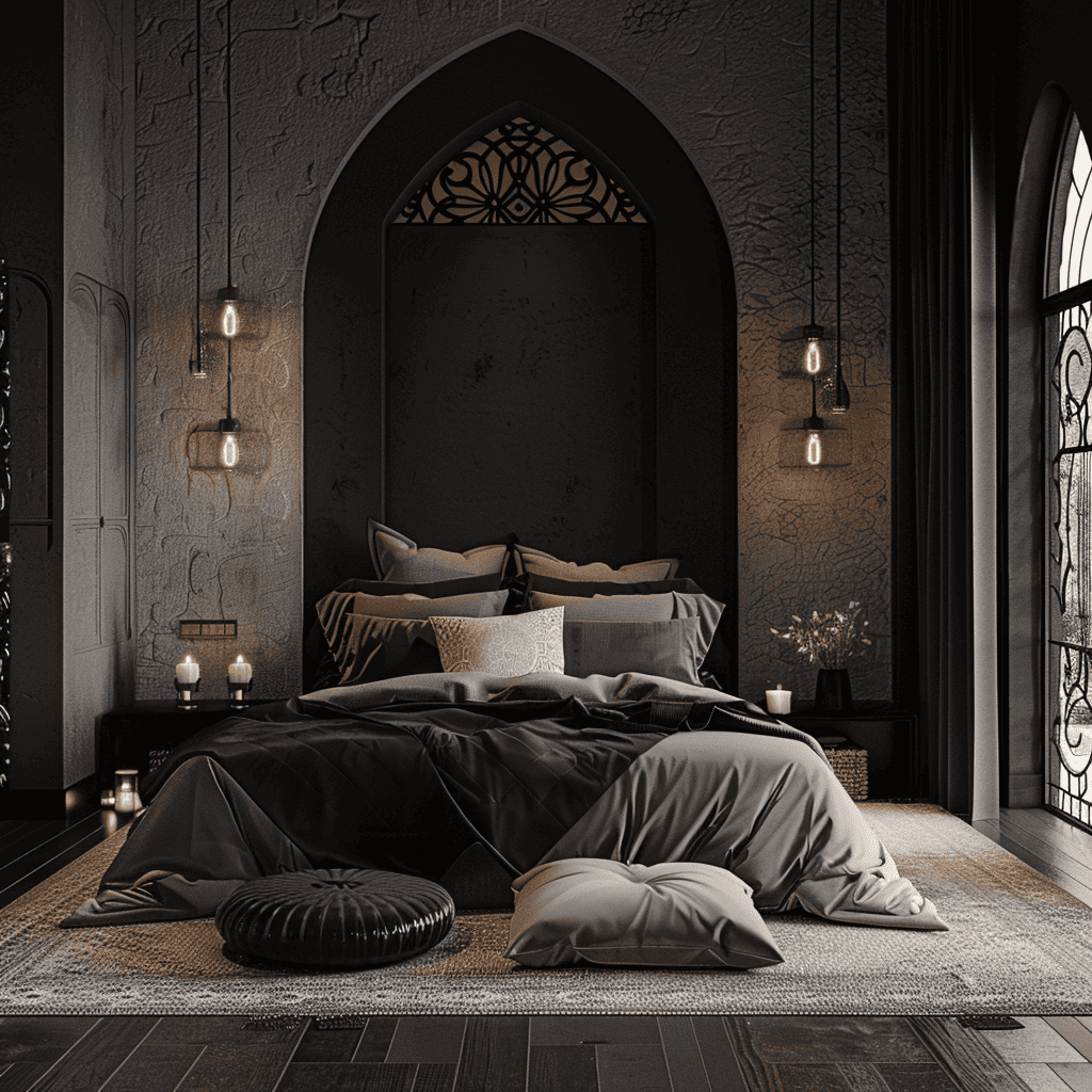A serene bedroom showcasing a dark, textured wall with a recessed arched alcove, a plush bed with earth-toned linens, soft lighting from wall sconces, and tall windows with a gothic arch.