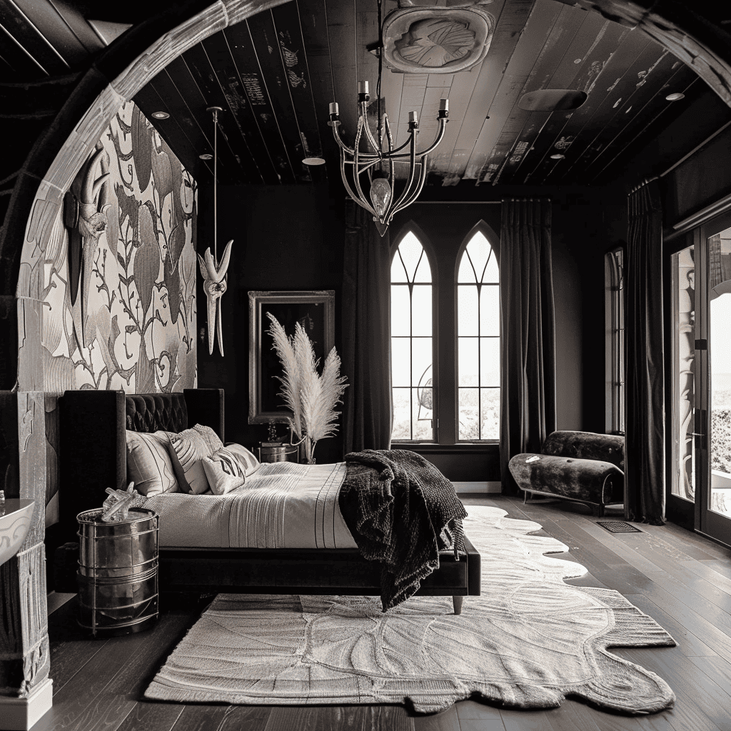 An elegant bedroom with a gothic flair, boasting a black four-poster bed, intricate wallpaper, arched windows with dark curtains, and a striking brass chandelier.