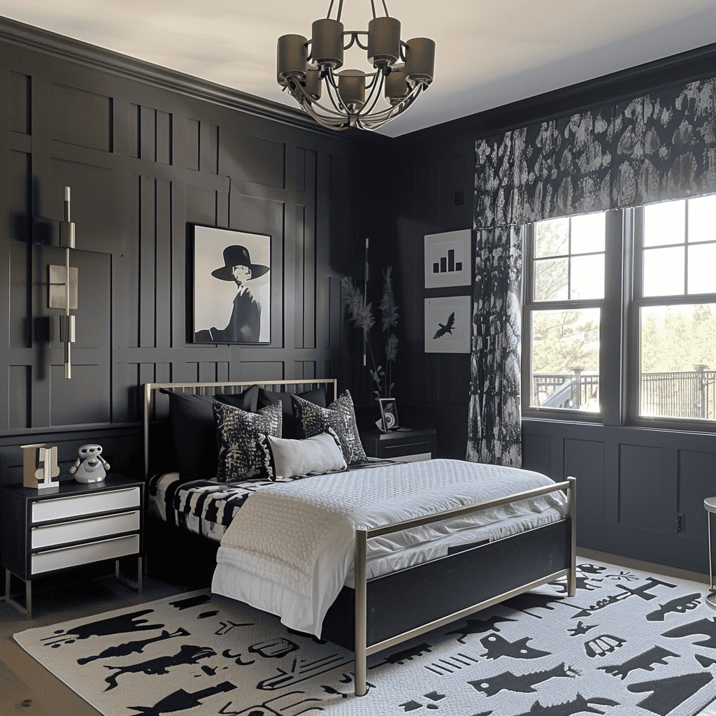 A stylish bedroom with black wainscoting, bold patterned drapes, and a modern bed, accented by a brass chandelier and a monochromatic portrait on the wall.