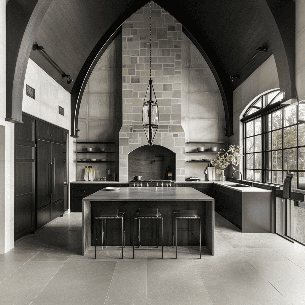An elegant kitchen with a dramatic gothic arch ceiling, featuring dark wood cabinetry, a central island with bar stools, high-end appliances, and a striking pendant light, complemented by a large arched window allowing natural light to enhance the space. western gothic aesthetic.