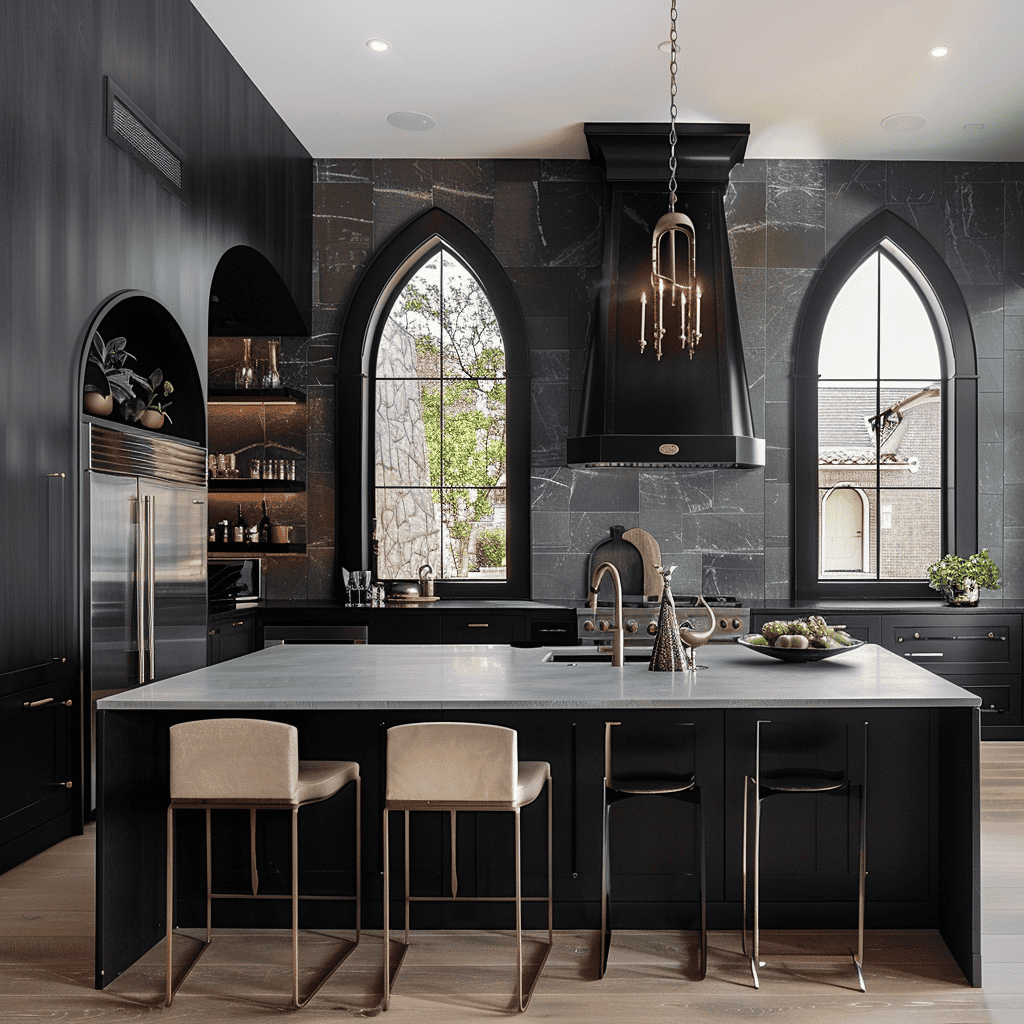 A modern kitchen with black marble walls and cabinetry, featuring a large island with chic stools, elegant arched windows, and a sophisticated metal range hood, all under warm ambient lighting.