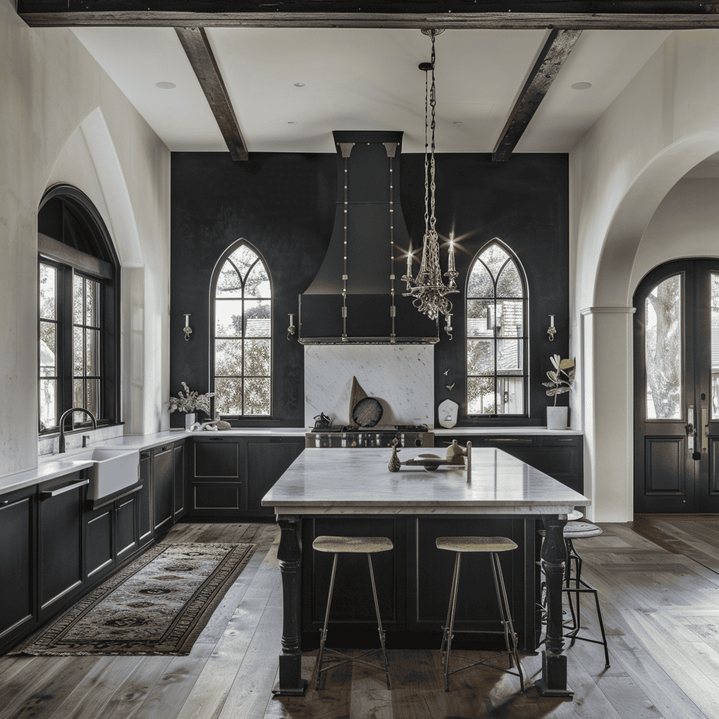 A classic kitchen with dark cabinetry and a large marble-topped island, ornate chandelier, and Gothic windows, set against a contrast of white walls and dark wooden beams.