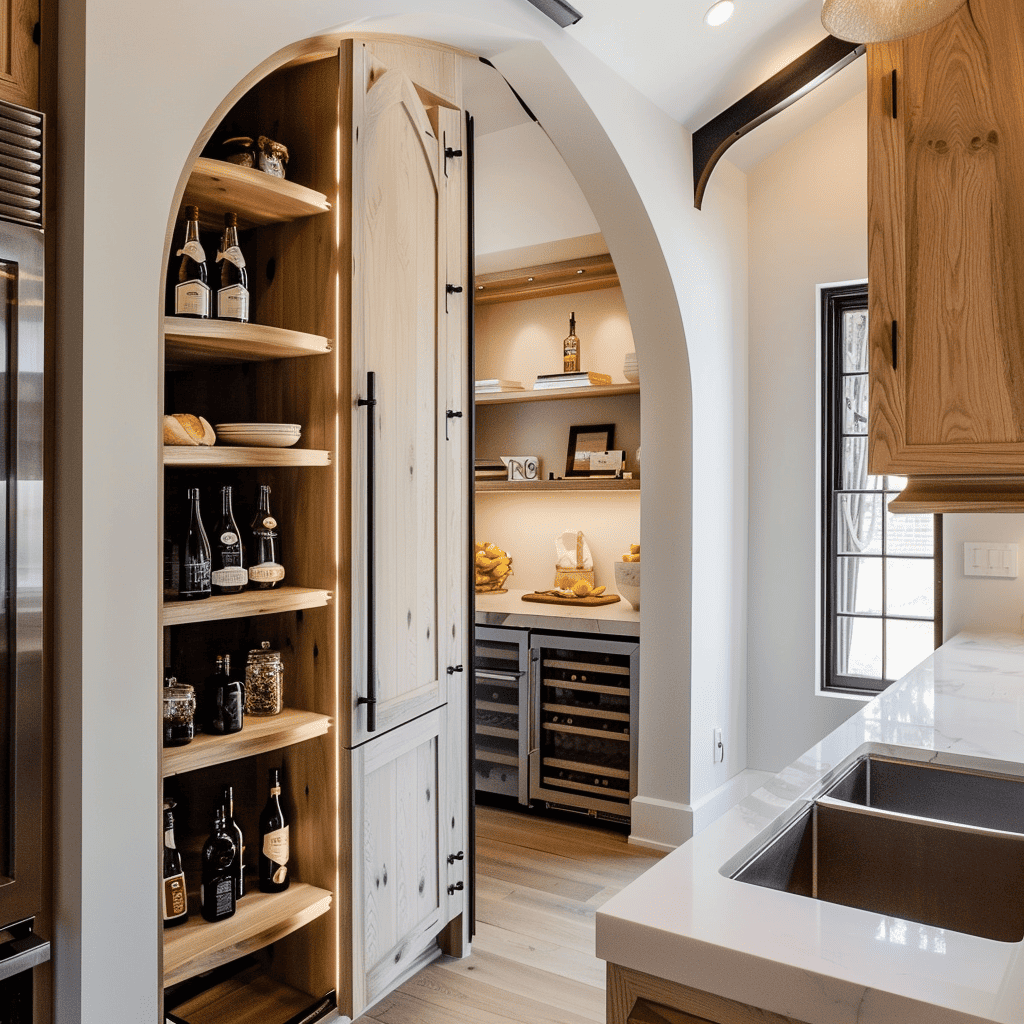 A modern pantry with natural wood shelves revealed behind a white arched door, stocked with fine wines and fresh bread, hinting at an inviting kitchen space beyond.