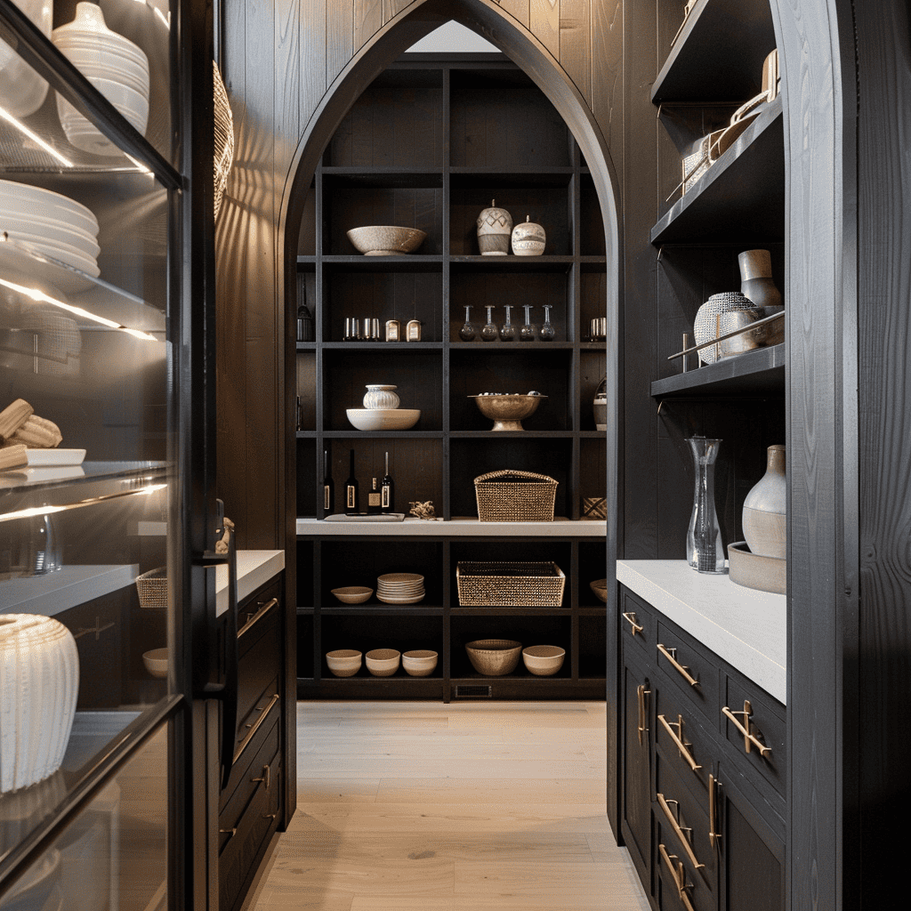 An elegant dark-toned pantry with Gothic arch detailing, filled with neatly arranged kitchenware, gold-accented baskets, and an array of glassware and pottery.