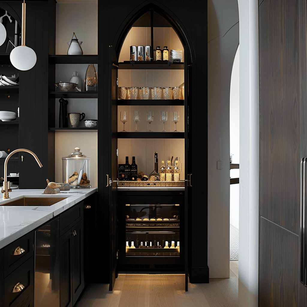 A sophisticated kitchen corner featuring a black pantry with Gothic arches, showcasing an assortment of spices, stemware, and beverages illuminated by warm interior lighting.