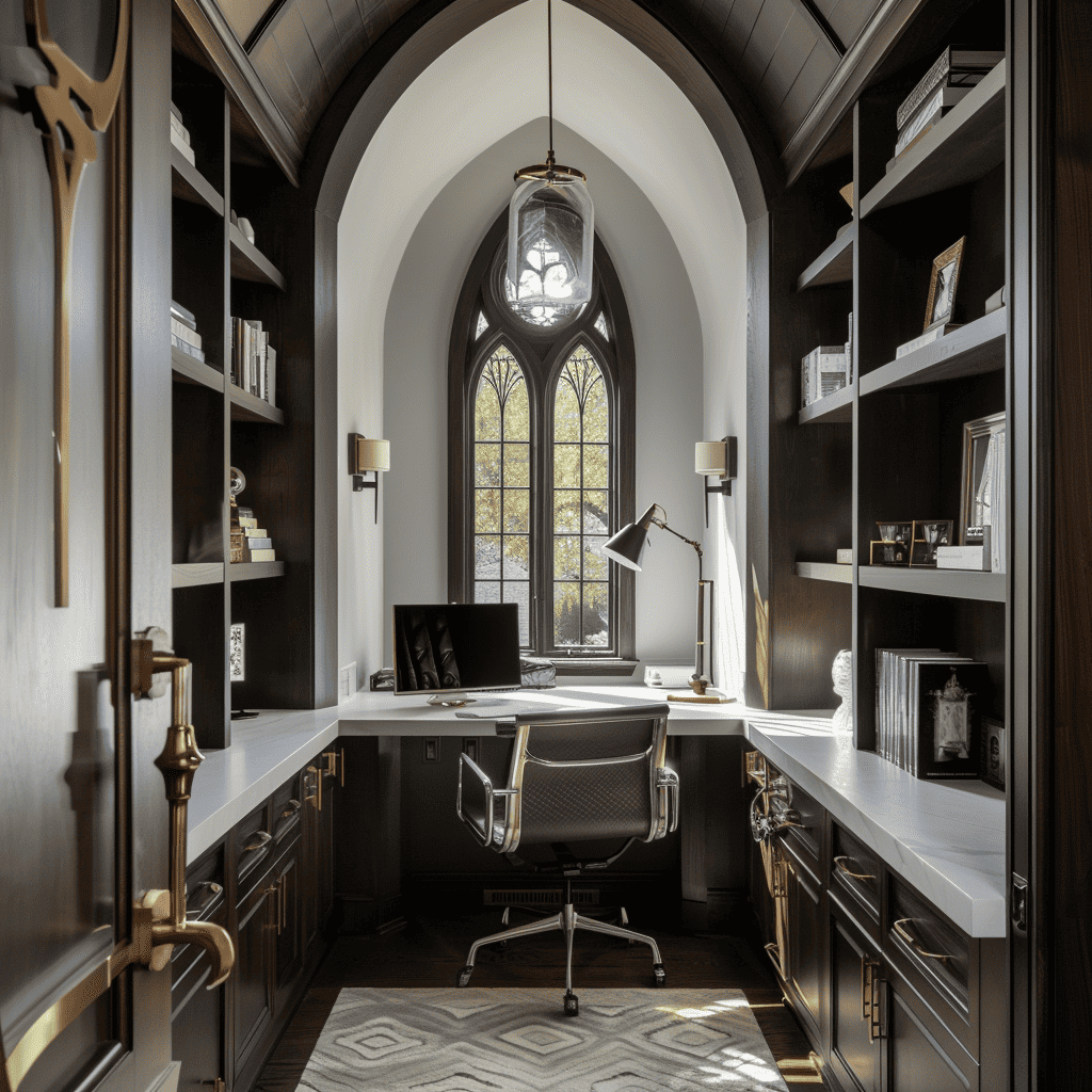 A stately home office with a high gothic window, dark wood shelving, and a sleek desk, illuminated by a modern pendant light.