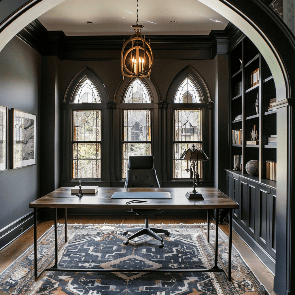 A refined study with triple gothic windows, a grand desk in the center, bookshelves lining the walls, and a striking circular chandelier above.