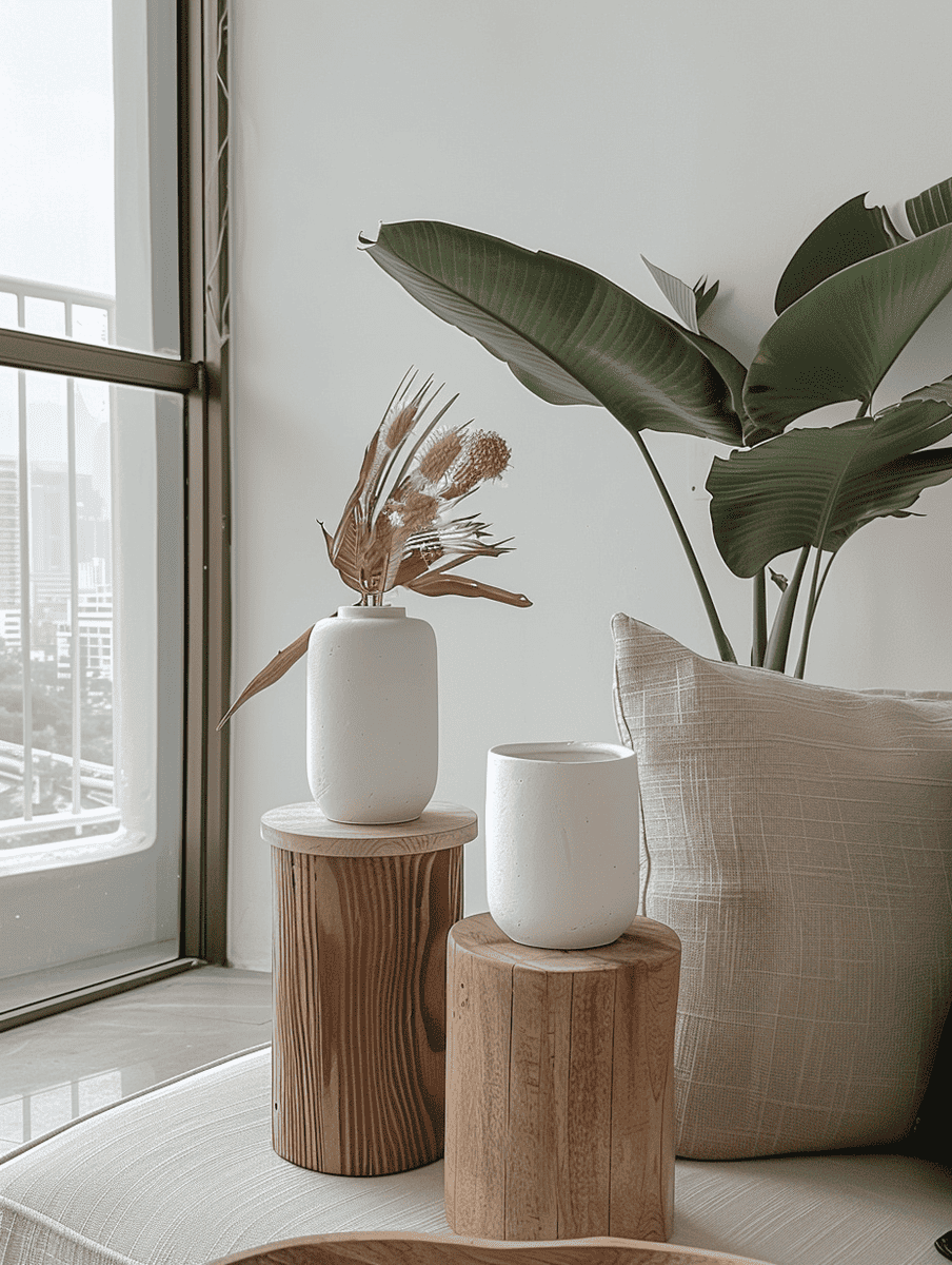 minimalist boho balcony design with white ceramic vases on minimalist wooden stands